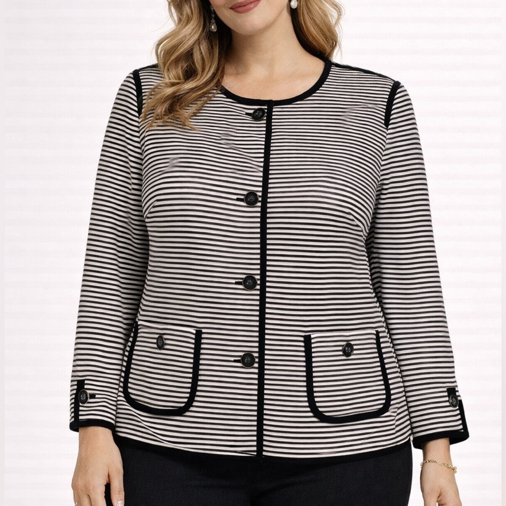 Talbots Suit Jacket Blazer 14W Black White Stripe Nautical Cotton Blend NEW